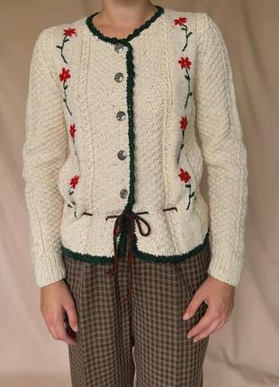 Вовняний кардиган светр австрійський ручної роботи вʼязаний теплий вінтаж вінтажний