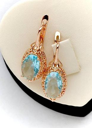 Позолочені сережки блакитні медичне золото позолоченные сережки голубые камни медзолото