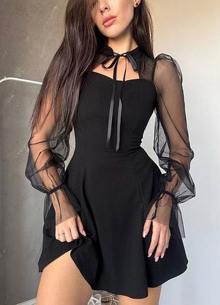 Эффектное легкое мини платье с прозрачными сетчатыми рукавами ❤️‍🔥