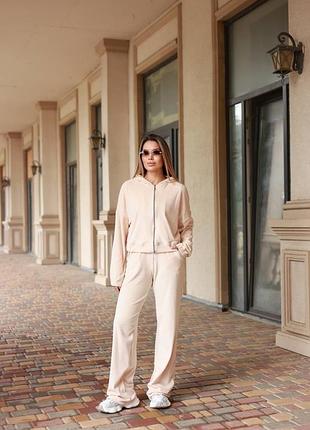 Жіночий велюровий костюм кофта на блискавці та штани бежевий графіт чорний осінь весна