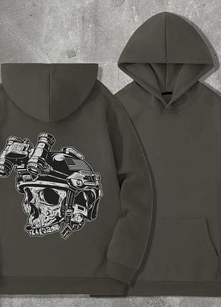 Чоловічий худі на флісі з принтом череп в касці з тепловізором , хакі w9978