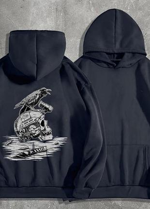 Мужской худи на флисе с принтом череп в каске ворон нож, черный w9997