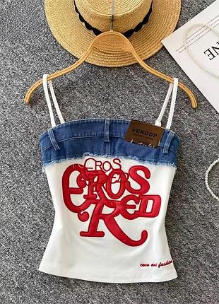 Білий топ майка з джинсовими вставками та вишивкою