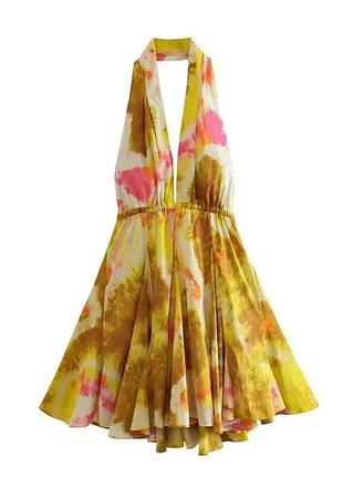 Сарафан літній жовтий з квітами та відкритим декольте