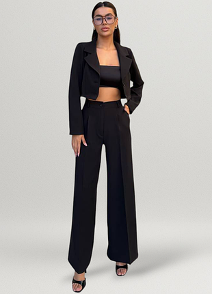 Костюм двойка женский классический с укороченным пиджаком жакет блейзер брючины палаццо праздничный черный шоколадный голубой бежевый серый