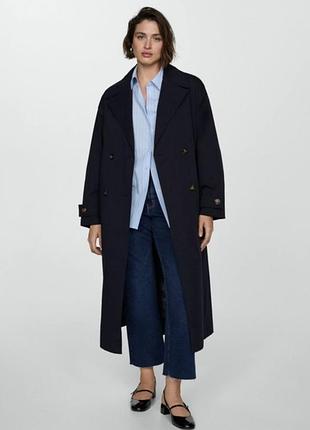 Xxs двобортний довгий тренч плащ пальто темно-синього кольору від mango