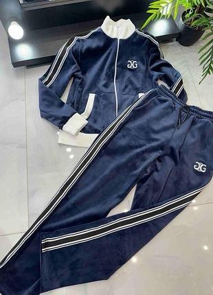 Жіночий синій велюровий спортивний костюм двійка
