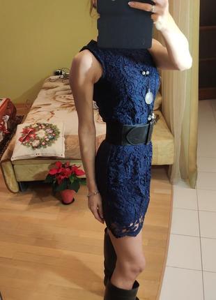 Вечернее синее кружевное платье мини без рукавов дорогое кружево нарядное3 фото
