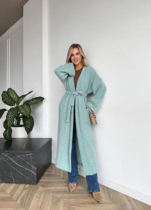 ❗️4 кольори ❗️ жіночий трендовий кардиган з альпаки з поясом і кишенями теплий і комфортний сіро чорний чорно білий мʼятний персиковий