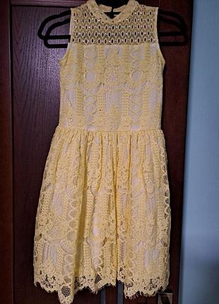 Кружевное желтое праздничное платье со стразами для девочки 12 лет рост 152