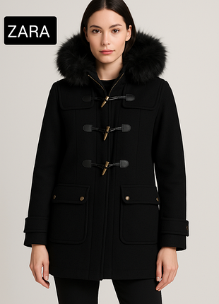 Пальто женское черное шерсть прямого кроя с капюшоном с мехом от бренда zara s