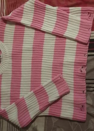 Свитер рваный 46-48, в белую и розовую полоску