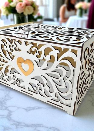 Дерев'яна коробка на весілля 30х23х18 см весільна скарбниця коробочка для грошей скриня скарбничка біла ажурна для конвертів