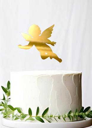 Золотий топпер "маленький янгол" 5х4cм (без палички) фігурка ангела дзеркальний топер золото янгелик на торт хрестини хрещення