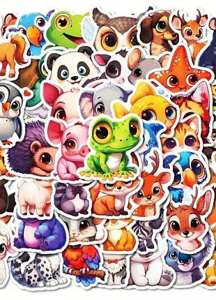 Наклейки с животными 50 шт набор бумажные стикеры на клейкой основе 4-6 см упаковка