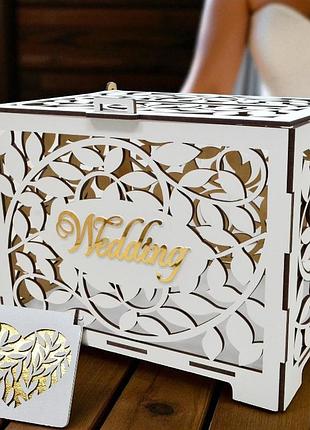 Весільний комплект скарбничка "листя" + коробочка для обручок набір весілля скриня для грошей і конвертів, підставка для кілець