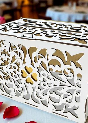 Дерев'яна коробка на весілля 30х20 см весільна скарбниця коробочка для грошей скриня скарбничка біла клевер бокс для конвертів