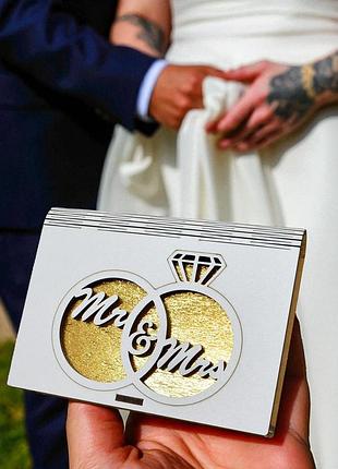 Свадебная подставка для обручальных колец 14 см, футляр "mr & mrs золото мистер и миссис" для обручалок коробочка буквы на свадьбу