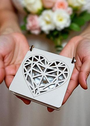 Свадебная подставка для обручальных колец 10 см "сердце абстракт", деревянная коробочка футляр на свадьбу для обручалок