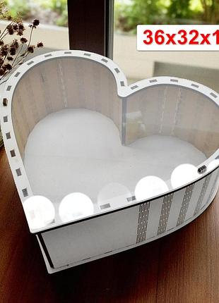 Белая подарочная коробка с прозрачной крышкой в форме сердца 36 см, деревянная коробочка для подарка белое сердечко под наполнение