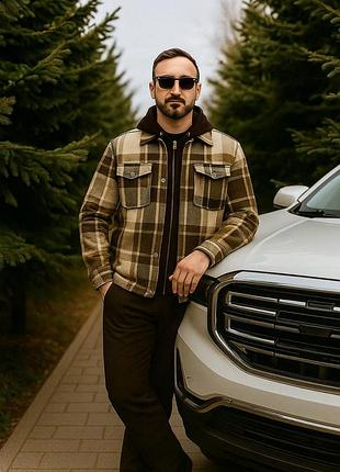 Стильний чоловічий утеплений костюм сорочка кашемір у карту та штани фліс коричневий