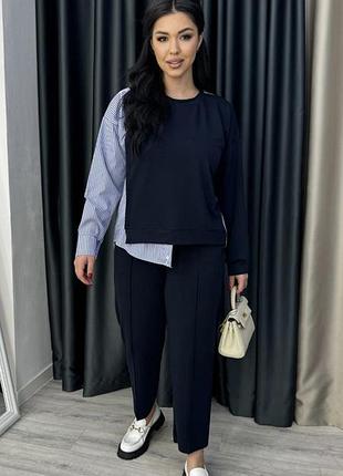 Крутий брючний костюм з якісної двунитки та котон 🤩 слоучі та кофта сорочка 🔥 оверсайз
