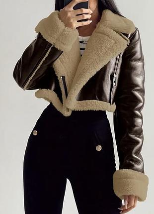 Дубленка женская укороченная кожаная куртка демисезонная зимняя на меху искусственная жіноча дублянка коротка штучна шкіряна зимова демісезонна