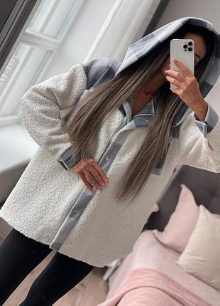 Женская теплая рубашка белая барашек букле+флис