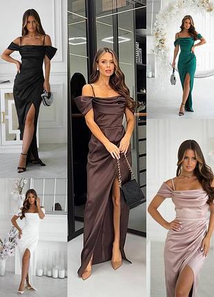 Жіноча нарядна сукня з атласу з розрізом на нозі