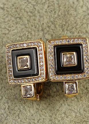 Сережки xuping jewelry три квадрата з чорною керамікою 1,6 см золотисті