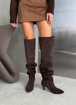 Жіночі замшеві чоботи труби шоколад