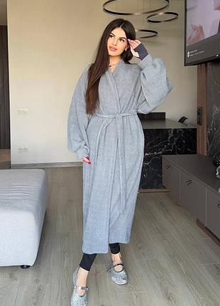 Серый длинный кардиган из альпаки на запах под пояс 1664