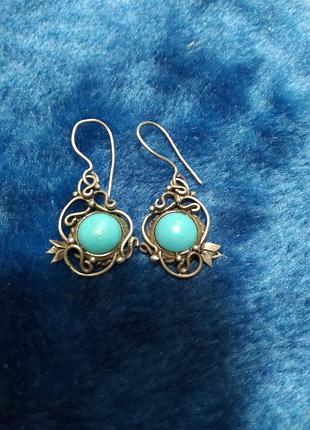Винтажные серьги с бирюзой\имитация бирюзы в филигранной оправе ✨