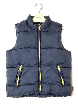 Теплый детский жилет next, синяя дутая жилетка с желтой подкладкой, 3-4 года