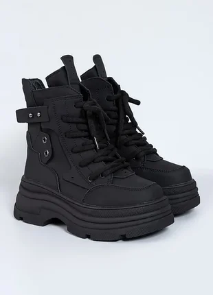 Ботинки для девочек c30948-0 черные демисезонные утепленные на байке высокая танкетка
