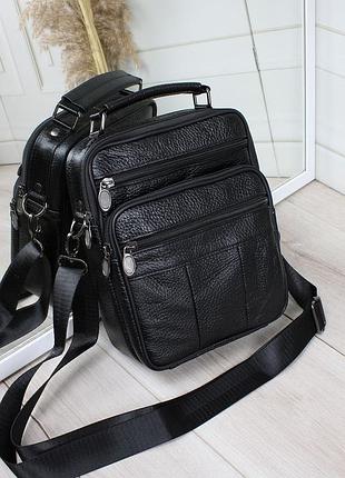 Мужская качественная и стильная сумка мессенджер из натуральной кожи черная