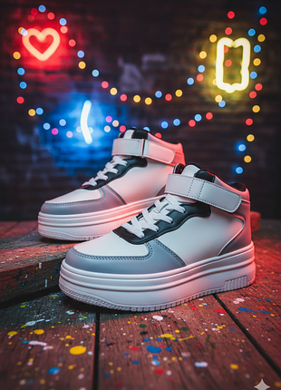 Энергические сникерсы "urban block" – бело-серые на платформе с липучкой