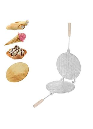 Вафельниця форма для випічки вафельних коржів кругла 220 мм (велика, дерев'яні ручки, квадрати)