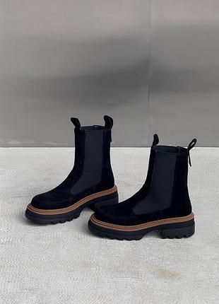 Натуральная замша, черные женские высокие деми челси