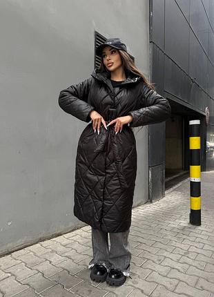 До -20 ❄ зимняя теплая куртка пальто миди под пояс с капишоном утеплена силиконом
