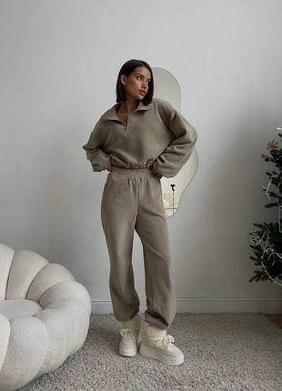 Серый флисовый женский спортивный костюм с короткой кофтом, молочный флисовый спортивный костюм без капюшона