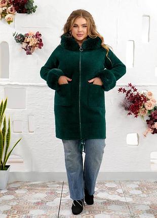 Изумрудное пальто альпака до колен на замке с капюшоном, альпака с мехом на капюшоне, альпака с мехом на рукавах