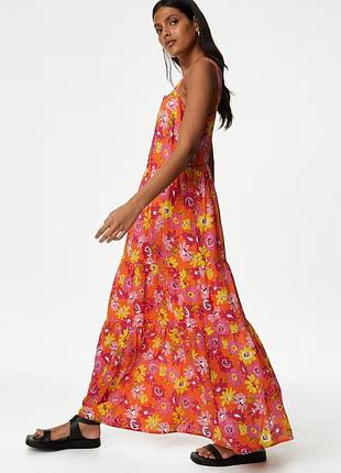 Яркий цветочный макси сарафан из натуральной ткани р.14