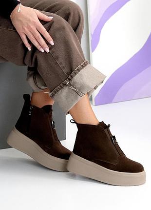 Женские замшевые коричневые ботинки на платформе танкетке зимние ботинки натуральная замша зима
