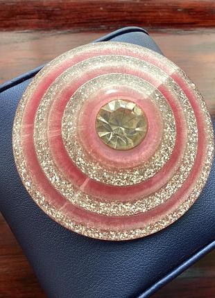 Брошка вінтаж круг люцит рожева скляний кристал