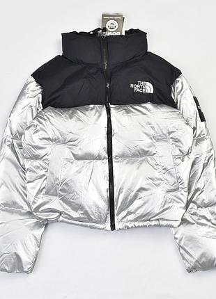 Нова жіноча зимня об'ємна хромова + чорний пухова куртка the north face s