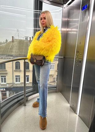 Эко шуба из искусственного меха лама, желтого цвета, демисезонная / зима
