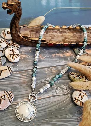 🔺🕊️💙оригінальне кольє-чокер з натурального каменю кахолонг, тонований кварц