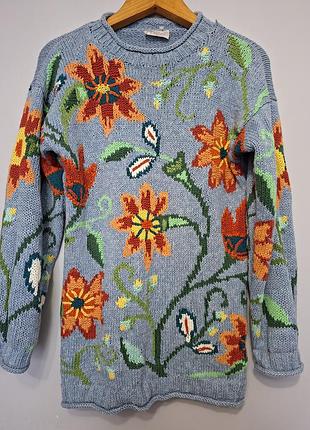 В'язаний подовжений светр з квітковим принтом вінтажний стиль