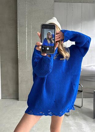 Жіночий теплий светр туніка оверсайз рваний з розривами